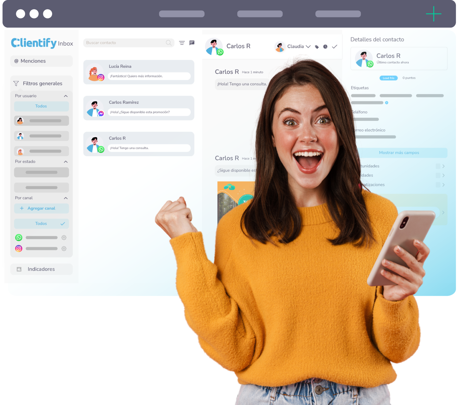 Chica contenta usando Inbox Clientify - CRM