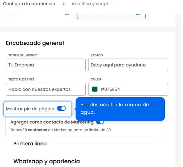 Así se configura el aspecto gráfico de WhastApp en el widget de Clientify