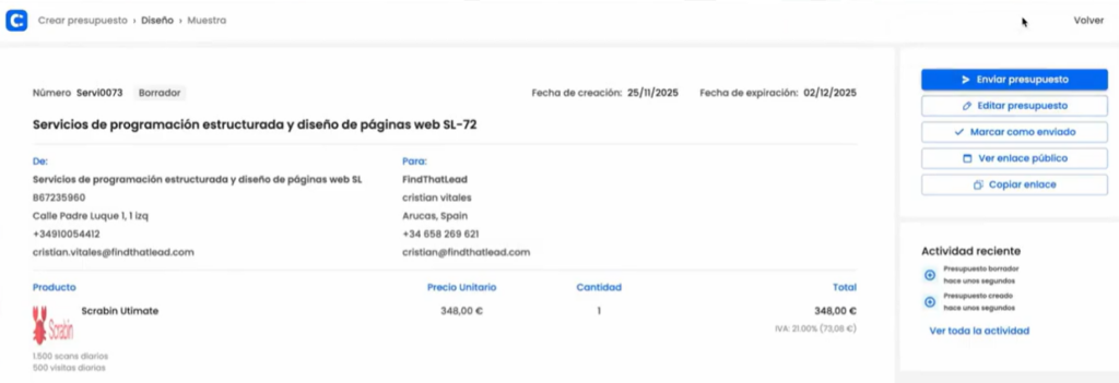 Cómo enviar un presupuesto por WhatsApp sin perder seguimiento ni oportunidades 2 crear y enviar presupuesto desde clientify