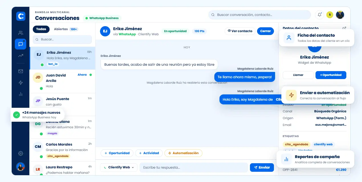 Bandeja de entrada de WhatsApp en Clientify
